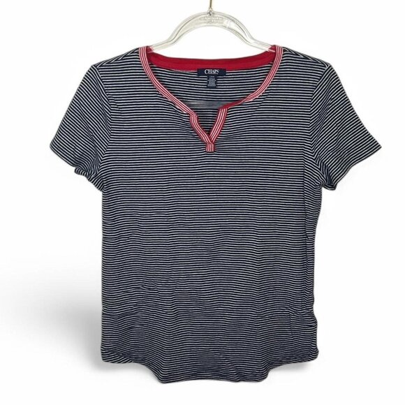 Chaps Navy & White Striped T-Shirt V-Neck With Red Trim - Picture 1 of 3